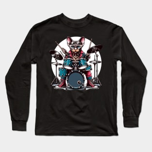 Devon Rex Cat Playing Drums Long Sleeve T-Shirt